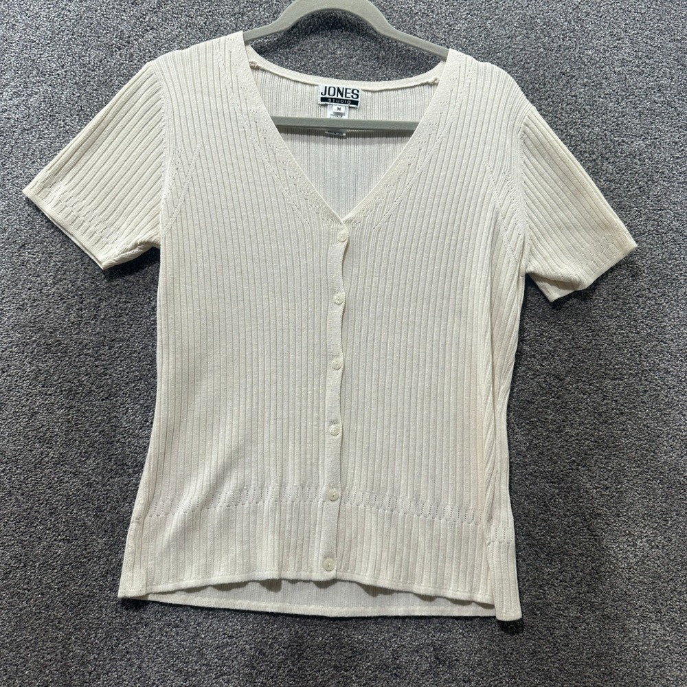 VTG Jones Studio Cardigan Sweater M Cream Ribbed Short Sleeve V-Neck Button Up